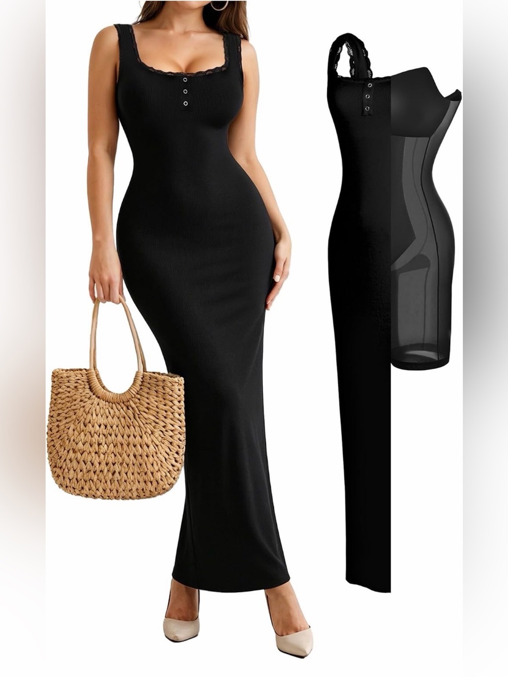 A98 POPILUSH Shapewear Black Tank Maxi lace trim Dress Built-in Bra NWT Size MED